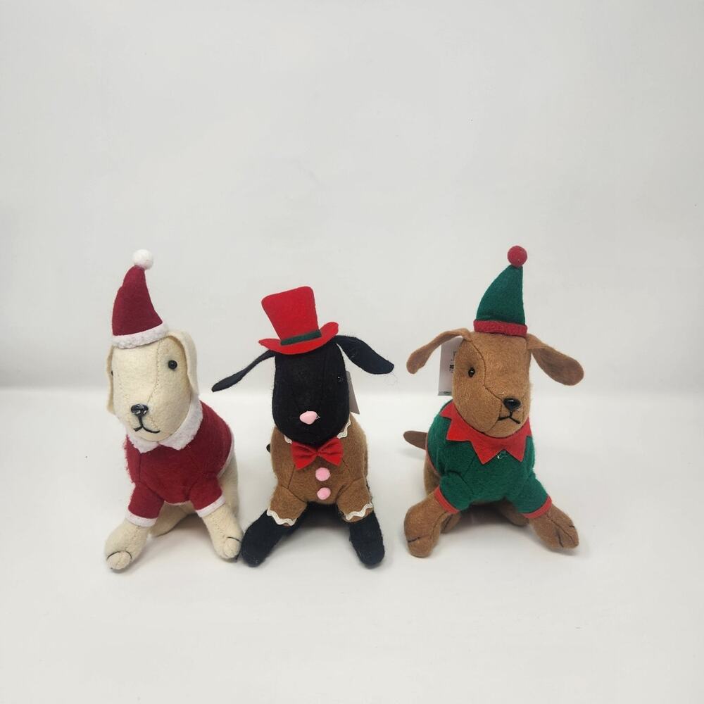 Felt Christmas Plush Dogs Set of 3 Santa Gingerbread Elf